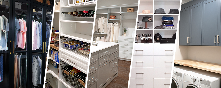 Custom Closets of Georgia project collage showcasing our different door/drawer styles and colors. The pictured styles include shaker, traditional, and flat in the colors white, black, Mysterious Blue, Sienna, and Folkstone Gray.